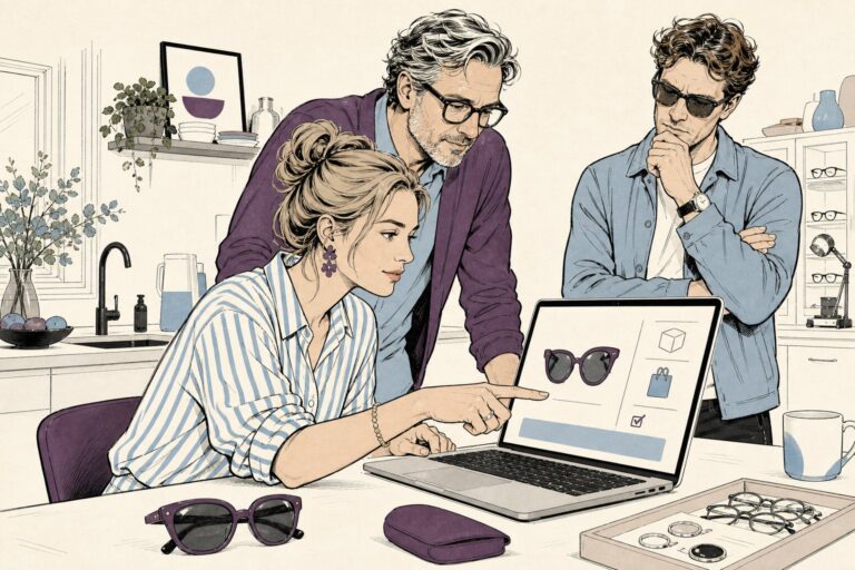 Illustratie: klant achter een laptop bij het afrekenen, wijst op een aangevinkt vakje met extra kosten in het bestelscherm